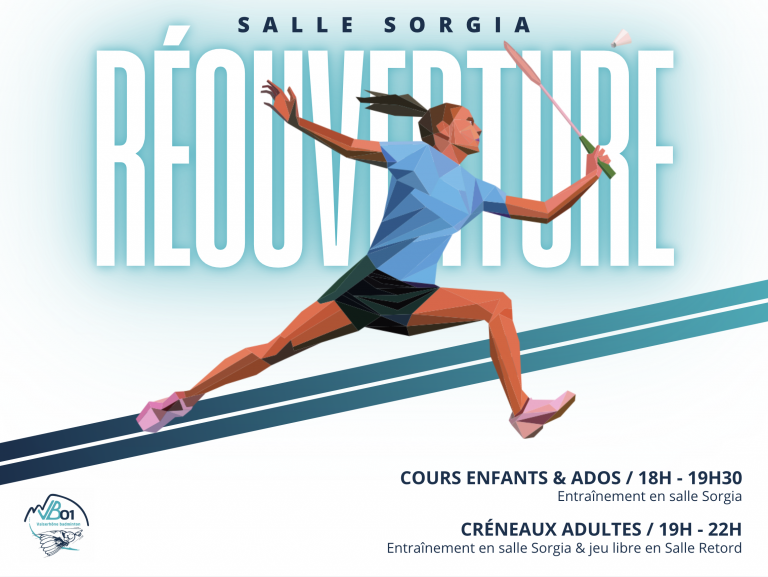 Affiche annonçant la réouverture du gymnase de badminton Sorgia à Valserhône, intégré au complexe sportif Antoine Jacquet.