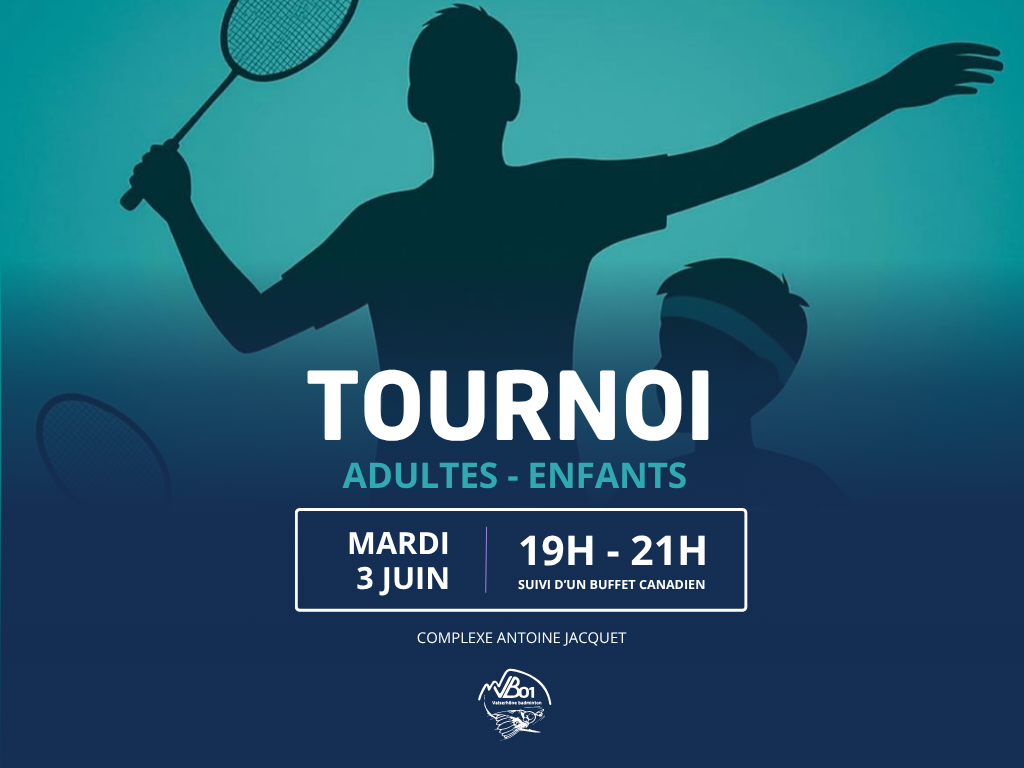 Affiche du tournoi interne de badminton organisé par le club de Valserhône, réunissant enfants et adultes pour une soirée conviviale.