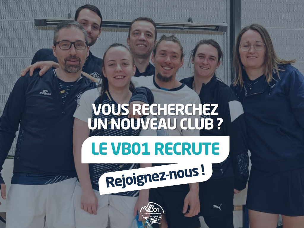 Affiche du club de badminton de Valserhône invitant les joueurs à rejoindre ses équipes interclubs en Pré-Régional et Départemental pour la saison 2025-2026.